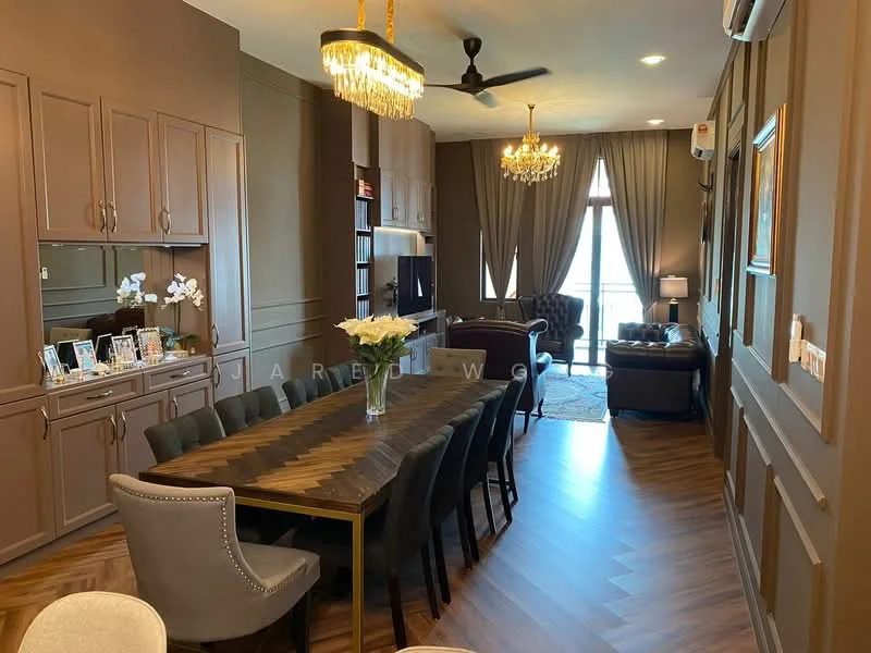 Dining features: wooden dining table with chevron pattern, 6 upholstered dining chairs, chandelier with crystals, wall-mounted TV, built-in cabinetry with glass doors, decorative vases, framed photographs, wooden flooring, large windows with sheer curtains, recessed lighting, ceiling fan; style: modern; view: city. Living features: leather sofa, coffee table, area rug, floor lamp, bookshelves, decorative plants, curtains, wall-mounted artwork; style: modern; view: city.