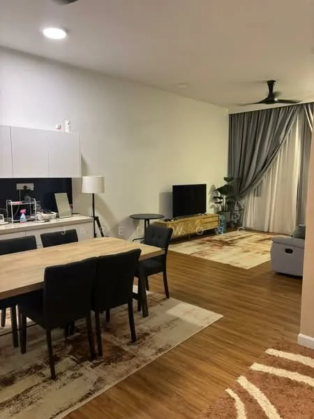 Living features: wooden flooring, 5-blade ceiling fan, wall-mounted TV, TV console, area rug with geometric pattern, sofa in light grey, dining table for 6 with black chairs, floor-to-ceiling curtains, decorative plant in pot, wall-mounted light fixture; style: modern. Kitchen features: white cabinetry, stainless-steel sink, built-in appliances, countertop with bar seating; style: modern.