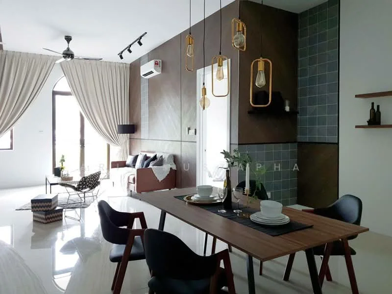 Living features: white painted walls, grey accent wall, marble tile flooring, 5-blade ceiling fan with light, recessed LED downlights, floor-to-ceiling windows, sheer curtains, sofa in dark fabric, coffee table, dining table with wooden surface, black dining chairs, decorative wall shelves, houseplants in ceramic pots, area rug with geometric pattern; style: modern; view: garden.