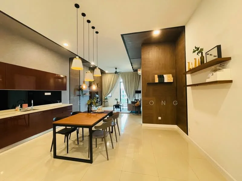 Dining features: dining table with black metal frame, 4 upholstered dining chairs, pendant lighting above dining table, wooden shelving on wall, decorative items on shelf, cream painted walls, grey accent wall, white tiled flooring, large window with sheer curtains, greenery in vase on table; style: modern. Kitchen features: dark wood cabinetry, white countertop, built-in oven, stainless-steel sink, black backsplash, recessed lighting, open shelving, kitchen island, ceramic tile flooring; style: modern.