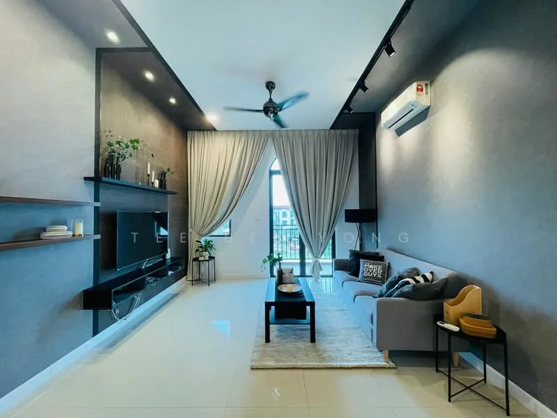 Living features: grey accent wall, white painted walls, polished tile flooring, 5-blade ceiling fan with light, recessed LED downlights, floor-to-ceiling windows, sheer curtains, black coffee table, beige fabric sofa, decorative throw pillows, area rug with geometric pattern, wall-mounted TV, open shelving unit, indoor plants in ceramic pots, air conditioning unit; style: modern; view: city.