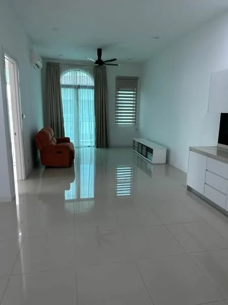 Living features: cream painted walls, glossy tile flooring, 5-blade ceiling fan, floor-to-ceiling windows, sheer curtains, sliding glass door, brown leather recliner sofa, white TV console, built-in cabinetry, natural light from windows; style: modern; view: city.