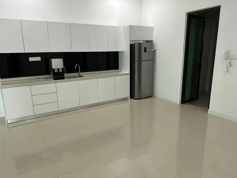 Kitchen features: white flat-panel cabinets, black backsplash, stainless-steel single-bowl sink, chrome pull-down faucet, stainless-steel fridge, ceramic tile flooring, recessed downlights, countertop with integrated backsplash, open shelving, wall-mounted electrical outlets; style: modern.