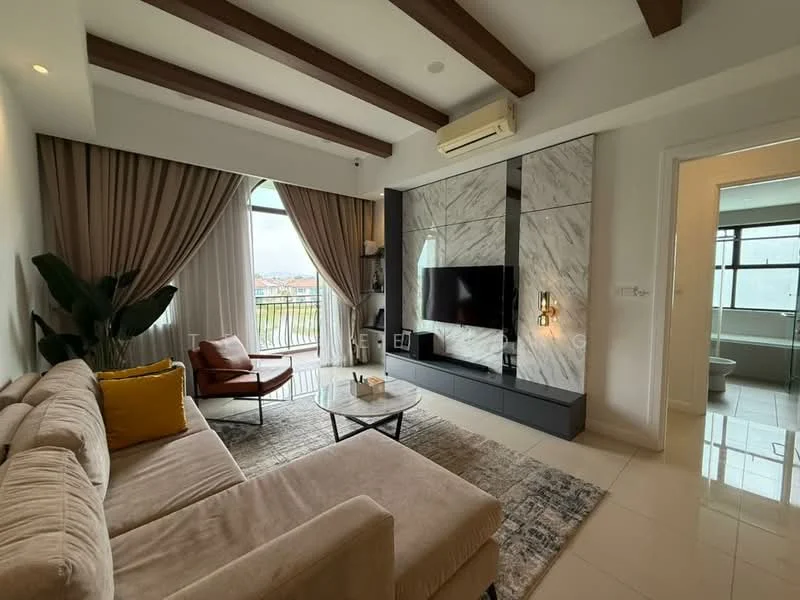 Living features: sofa in beige fabric, yellow accent pillow, armchair in brown leather, coffee table with black frame, TV console with marble finish, wall-mounted TV, recessed downlights, exposed wooden beams on ceiling, floor-to-ceiling windows, sheer curtains, area rug with geometric pattern, decorative plant in corner; style: modern; view: city.