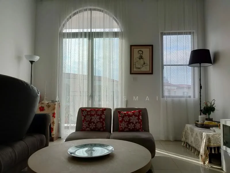 Living features: two-seater fabric sofa in grey, decorative cushions with floral pattern, round coffee table, floor lamp, framed artwork on wall, sheer curtains, large windows, tile flooring, decorative tablecloth, small side table, potted plant; style: modern.