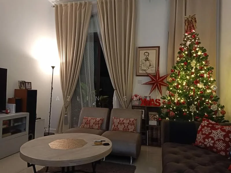 Living features: 3-seater fabric sofa in grey, 2-seater fabric sofa in grey, round coffee table with wooden top, decorative throw pillows, floor lamp with warm light, large window with sheer curtains, Christmas tree with lights and ornaments, framed artwork on wall, carpeted flooring, wall-mounted TV, wooden TV console, decorative wall star; style: modern.
