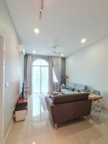 Living features: grey fabric sofa, light blue fabric sofa, coffee table, TV console, wall-mounted TV, 5-blade ceiling fan with light, recessed LED downlights, white painted walls, glossy tile flooring, curtains, sliding glass door, area rug; style: modern.