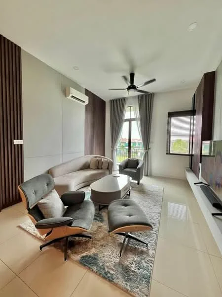 Living features: 5-blade ceiling fan with light, cream painted walls, wood accent wall, floor-to-ceiling windows, sheer curtains, grey fabric sectional sofa, round coffee table, area rug with geometric pattern, TV console, wall-mounted TV, recessed downlights, tile flooring; style: modern; view: garden.
