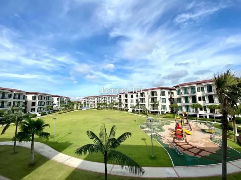 Exterior type: low-rise apartment block; features: manicured lawn, palm trees, children's playground, landscape garden, walking path, multiple low-rise buildings, green open space, blue sky with clouds; style: modern.