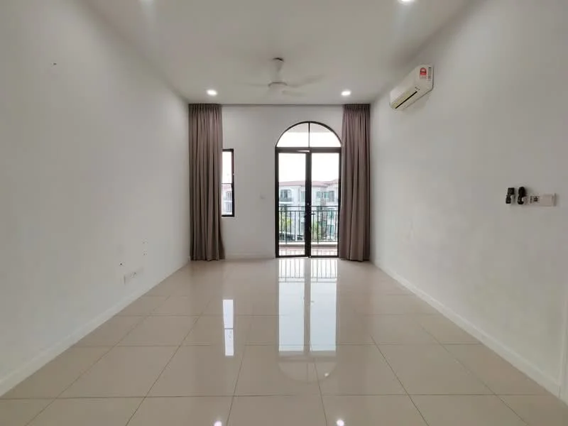 Living features: white painted walls, glossy ceramic tile flooring, 5-blade ceiling fan with light, floor-to-ceiling windows, curtains, air conditioning unit, balcony door, neutral color scheme; style: modern.