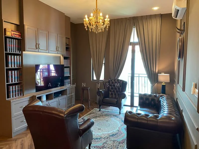 Living features: chandelier, brown leather tufted sofa, two brown leather armchairs, area rug with intricate pattern, wall-mounted TV, built-in cabinetry with bookshelves, curtains, wooden flooring, floor-to-ceiling windows, table lamp; style: traditional.