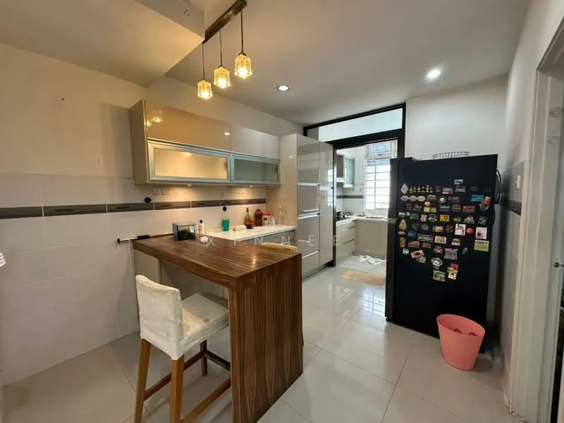 Kitchen features: white cabinets with glass fronts, wooden breakfast bar, stainless-steel fridge, built-in oven, ceramic tile flooring, white tiled walls, black countertop, three pendant lights, window with natural light, kitchen sink, dish soap dispenser, decorative magnets on fridge; style: modern.