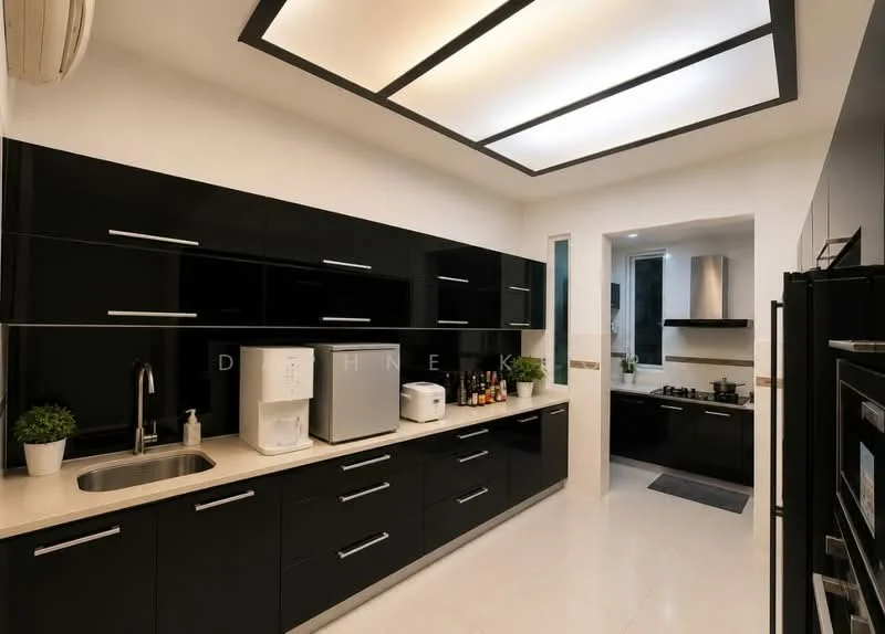 Kitchen features: black cabinetry with sleek handles, white countertop, single-bowl stainless-steel sink, chrome pull-down faucet, built-in microwave, wine rack with bottles, stainless-steel range hood, 4-burner gas hob, recessed LED downlights, tile flooring, wall-mounted air conditioning unit; style: modern.