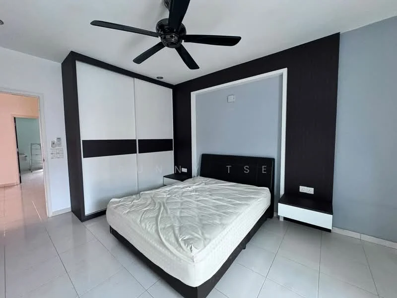 Bedroom features: queen-size bed, upholstered headboard, white bedding, built-in wardrobe with sliding doors, black accent wall, light grey painted walls, ceiling fan with light, white tile flooring, nightstand with drawer; style: modern.