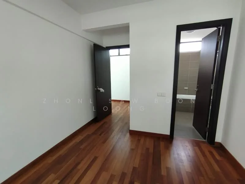 Room features: wooden flooring, white painted walls, two wooden doors, one door leading to bathroom, large window, natural light, neutral color scheme; style: modern.
