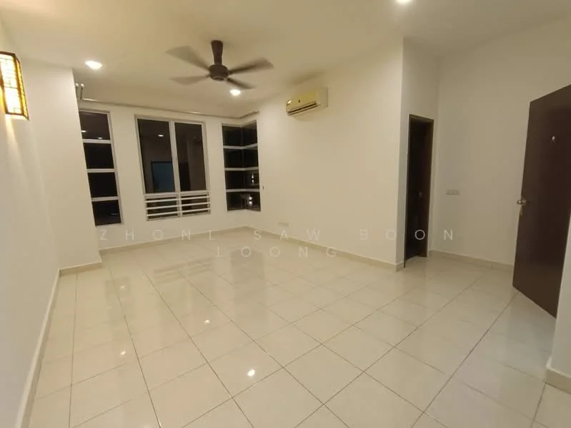 Living features: white painted walls, glossy ceramic tile flooring, 5-blade ceiling fan, wall-mounted split AC, large windows with white frames, window treatments, recessed lighting, door with wood finish; style: modern.