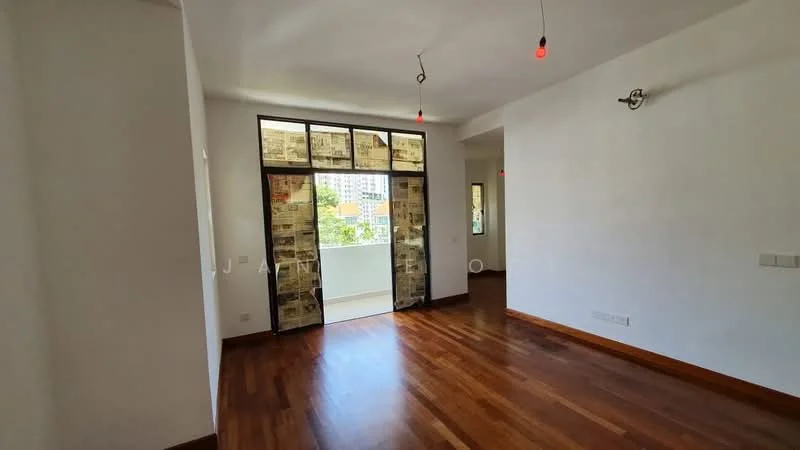 Living features: wood flooring, white painted walls, large windows with black frames, glass sliding door, red pendant lights, wall-mounted light fixture, balcony access, open layout; style: modern; view: city.