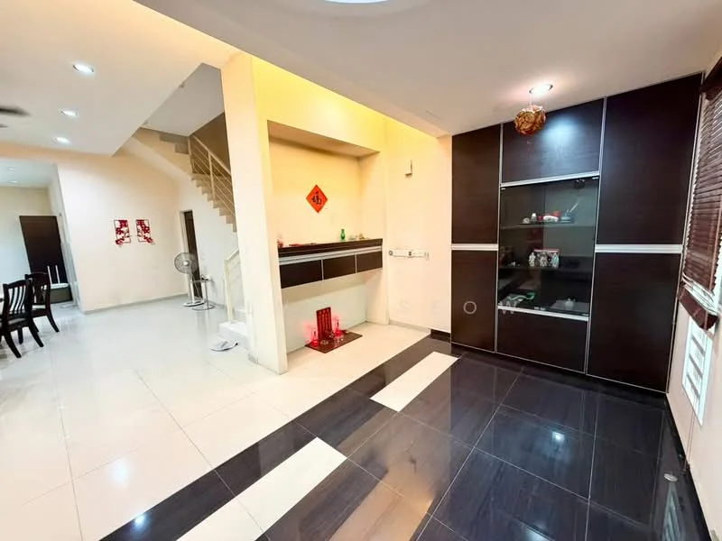 Living features: white painted walls, black and white tiled flooring, recessed ceiling lights, built-in cabinetry with glass display, dining area with black dining table, decorative wall art, fan, staircase leading to upper floor; style: modern.