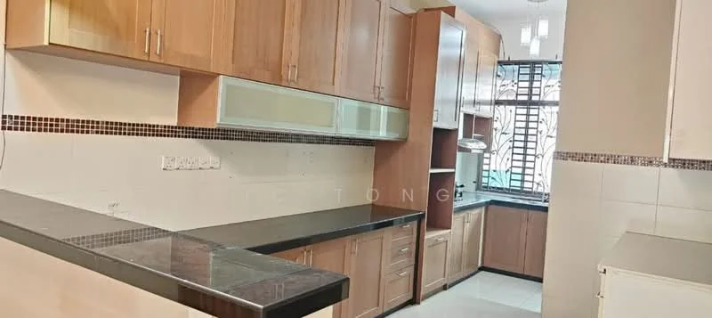 Kitchen features: laminate cabinetry in light wood, black granite countertop, white tiled backsplash, stainless-steel sink, chrome pull-down faucet, built-in hood, wall-mounted cabinets, open shelving, tile flooring, window with metal grille, recessed downlights; style: modern.