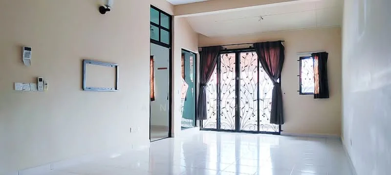 Room features: cream painted walls, white tiled flooring, floor-to-ceiling windows, sliding glass door, blackout curtains, wall-mounted intercom, wall-mounted mirror, light fixture on ceiling; style: modern.