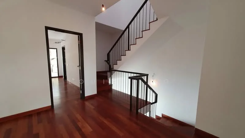 Room features: wooden flooring, white painted walls, staircase with metal railing, recessed lighting, doorway leading to another room, open space, natural light from windows, high ceiling; style: modern.