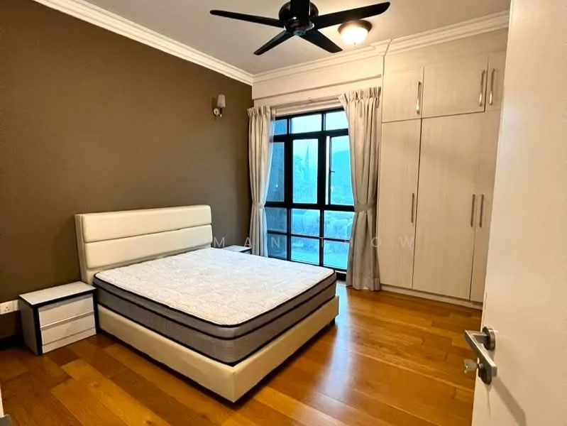 Bedroom features: queen-size bed with upholstered headboard, wooden flooring, brown painted accent wall, light grey curtains, floor-to-ceiling windows, built-in wardrobe with sliding doors, nightstand, ceiling fan with light, recessed lighting; style: modern; view: city.