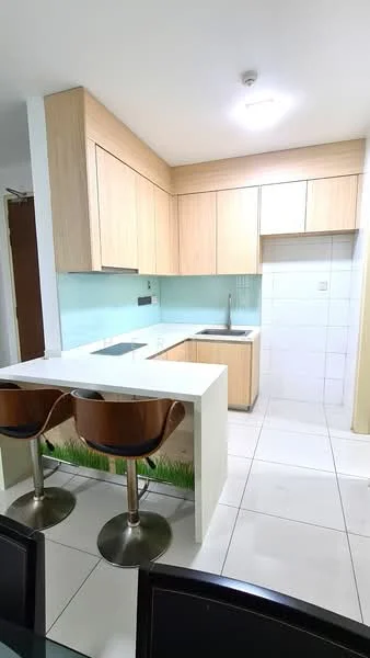 Kitchen features: light wood cabinetry, white countertop, single-bowl stainless-steel sink, chrome pull-down faucet, glass backsplash, white tiled walls, white tiled flooring, 2 bar stools with wooden seats, recessed ceiling lights, built-in kitchen appliances, open layout, island counter; style: modern.