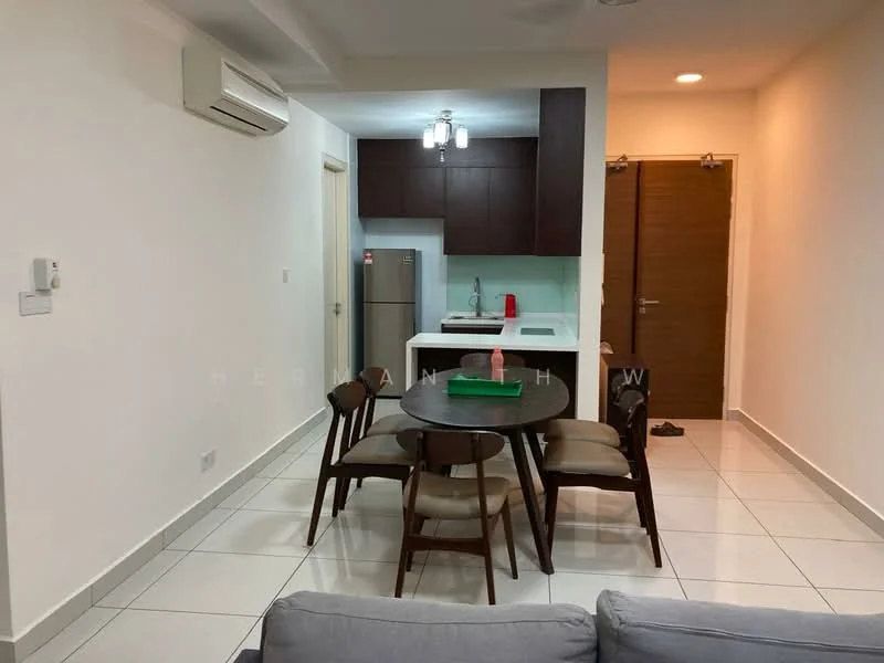 Dining features: round dining table, 4 dining chairs, white walls, tile flooring, wall-mounted split AC, refrigerator, kitchen countertop, kitchen cabinets, sink, kitchen faucet, light fixture; style: modern. Room features: grey sofa, door to hallway.