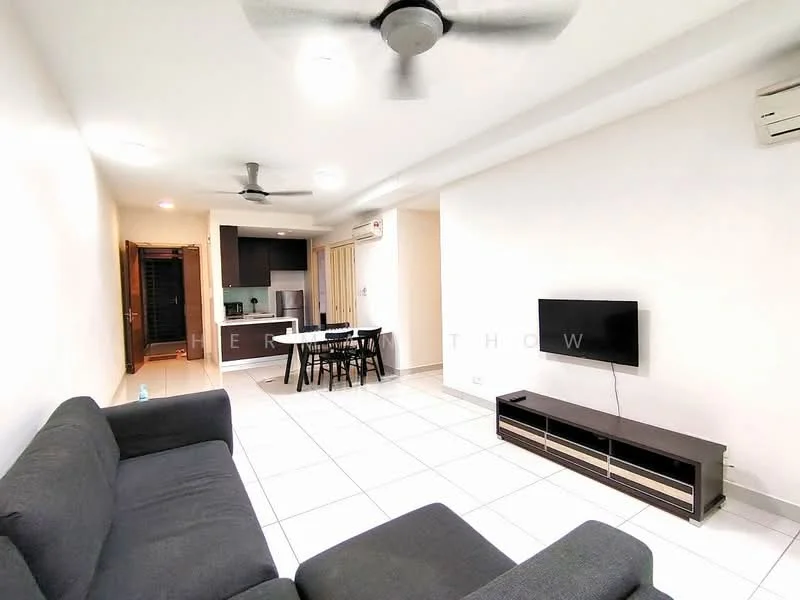 Living features: grey fabric sofa, wall-mounted TV, TV console in dark wood, white painted walls, tile flooring, 5-blade ceiling fan, recessed downlights, open layout to dining area, air conditioning unit; style: modern. Dining features: 4-seater dining table, black dining chairs, open layout to living area, kitchen visible in background; style: modern.