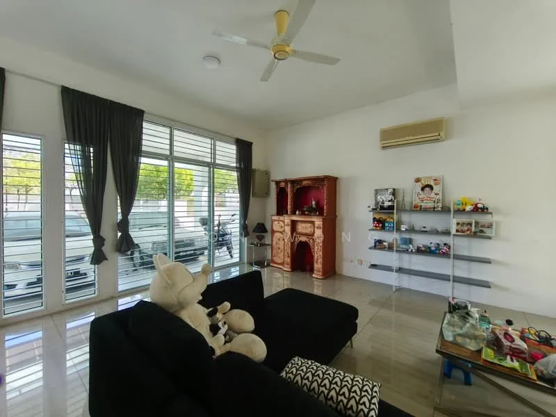 Living features: black fabric sofa, ceiling fan, white painted walls, marble tile flooring, large windows with sheer curtains, air conditioning unit, decorative shelving unit, display cabinet, teddy bear decor, wall-mounted TV, coffee table; style: modern.