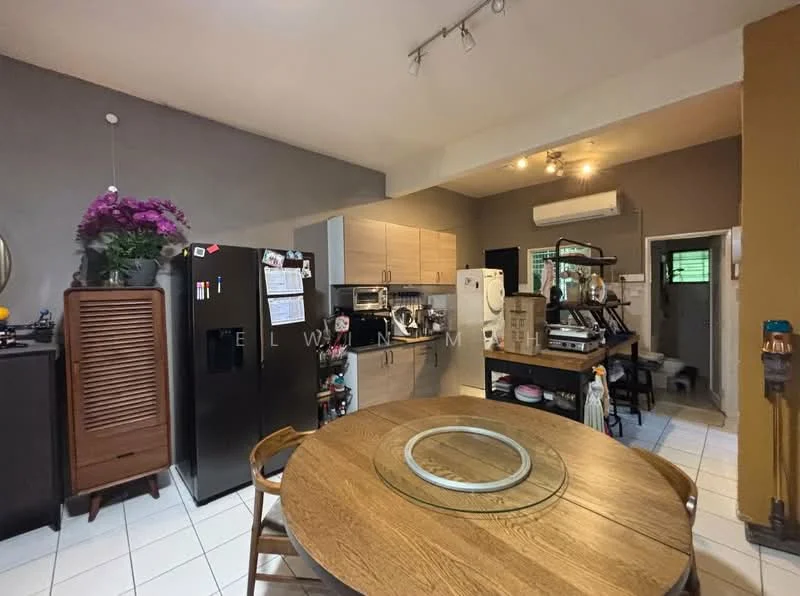 Kitchen features: black refrigerator, white built-in oven, white microwave, white washing machine, wooden dining table, wooden dining chairs, tile flooring, grey painted walls, recessed lighting, air conditioning unit, open shelving, kitchen cabinets, countertop, decorative plants; style: modern.