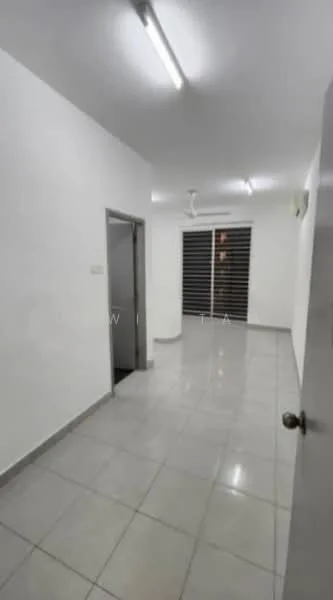 Room features: white painted walls, grey tiled flooring, ceiling lights, wall-mounted split AC, sliding glass door, horizontal blinds on windows; style: modern.