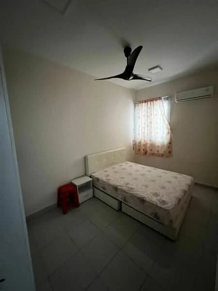 Bedroom features: queen-size bed with upholstered headboard, bedside table, red plastic stool, floor-to-ceiling window, sheer curtains, wall-mounted split AC, light grey tiled flooring, plain white walls, ceiling fan with light; style: modern.