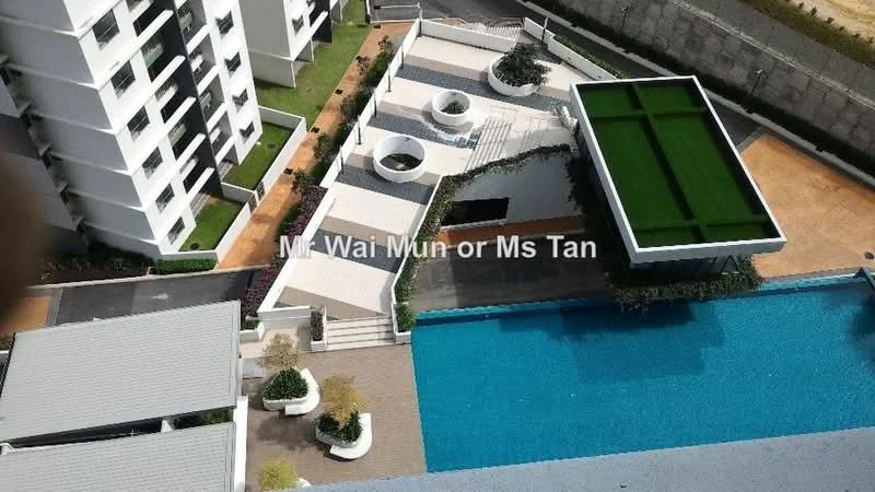 Exterior type: high-rise condominium; features: infinity pool, pool deck with loungers, landscaped garden, manicured lawn, outdoor seating area, water feature, walkway with steps, green roof area, surrounding greenery; style: modern.
