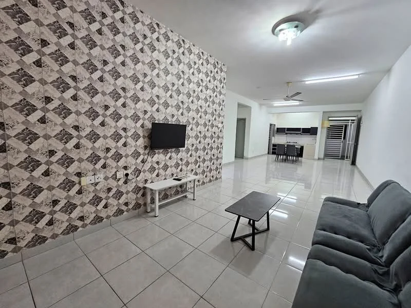 Living features: grey fabric 3-seater sofa, black coffee table, wall-mounted TV, white TV console, tiled flooring, decorative accent wall with geometric pattern, ceiling fan, recessed lighting, open layout to dining area; style: modern.