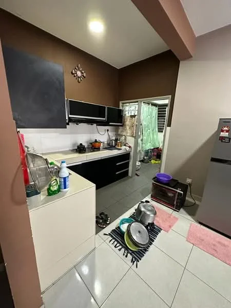 Kitchen features: black cabinetry, white countertop, stainless-steel sink, chrome pull-down faucet, built-in stove, refrigerator, ceramic tile flooring, grey walls, decorative wall clock, kitchen mat, cooking pots, cleaning supplies, dish rack; style: modern.