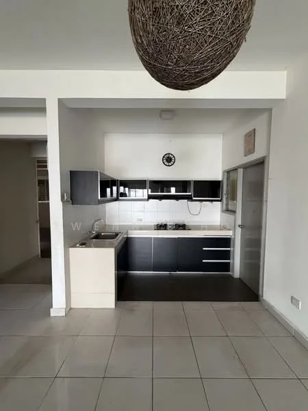 Kitchen features: black cabinetry, white countertop, stainless-steel sink, chrome pull-down faucet, 4-burner gas hob, built-in oven, white tiled backsplash, wall clock, pendant light, tile flooring; style: modern.