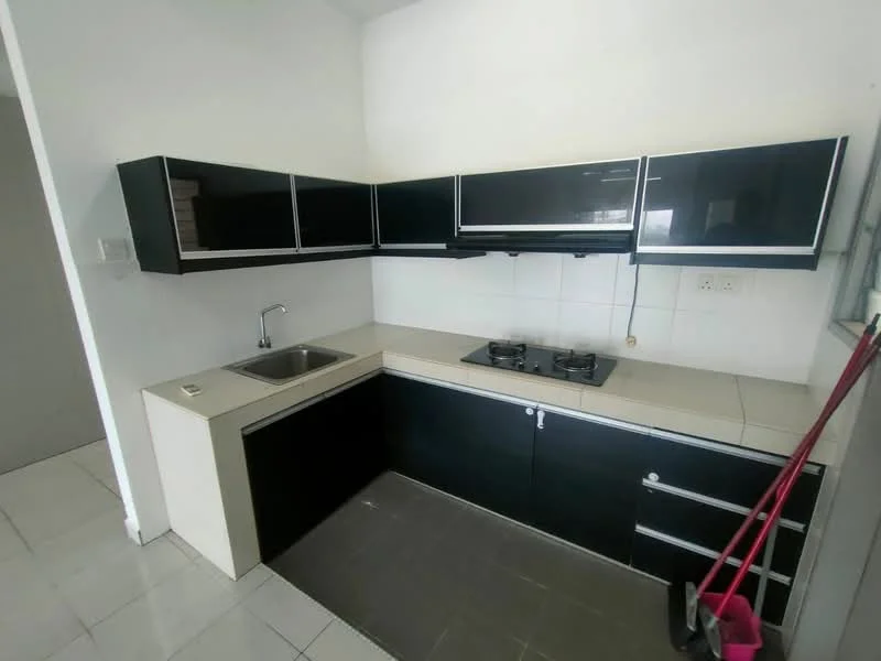 Kitchen features: black cabinetry with glass fronts, white countertop, stainless-steel single-bowl sink, chrome faucet, 2-burner gas hob, white tiled backsplash, grey floor tiles, under-cabinet lighting; style: modern.