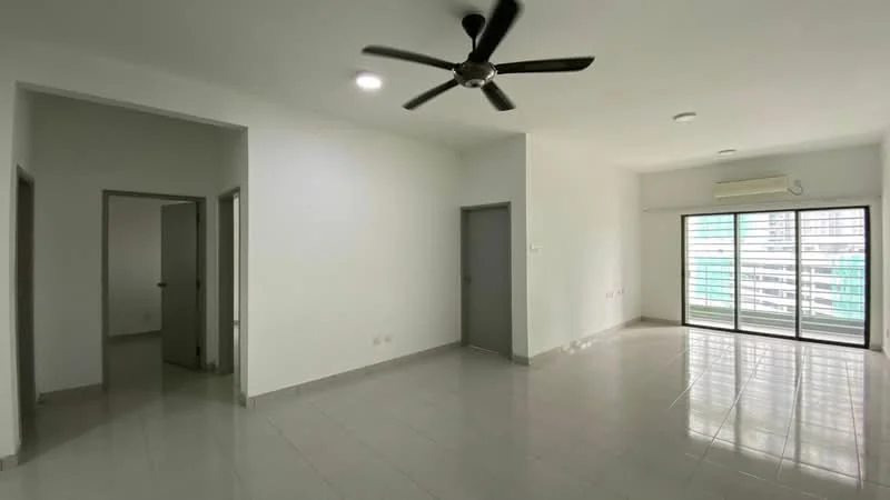 Living features: white painted walls, glossy ceramic tile flooring, 5-blade ceiling fan, sliding glass door, floor-to-ceiling windows, air conditioning unit, natural light from windows, neutral color scheme; style: modern; view: city. Room features: white painted walls, glossy ceramic tile flooring, door leading to another room.