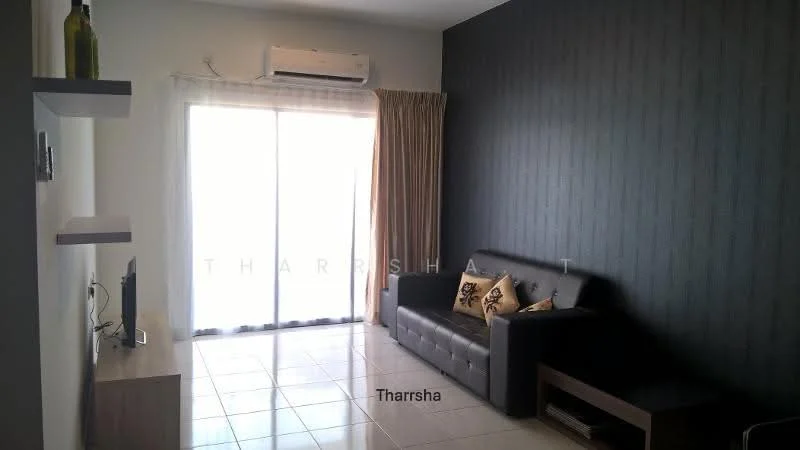 Living features: dark accent wall with vertical stripes, light-colored painted walls, ceramic tile flooring, sofa in dark leather, decorative cushions on sofa, wall-mounted TV, wooden TV console, floor-to-ceiling sliding glass door, sheer curtains, air conditioning unit mounted on wall; style: modern.