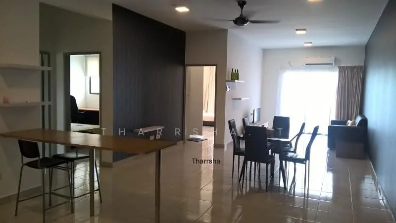 Living features: floor-to-ceiling windows, sliding glass door, beige curtains, 3-blade ceiling fan, wall-mounted TV, sofa, dining table with chairs, light-colored tiled flooring, neutral wall color, decorative shelving unit; style: modern; view: garden. Room features: white walls, light-colored flooring.