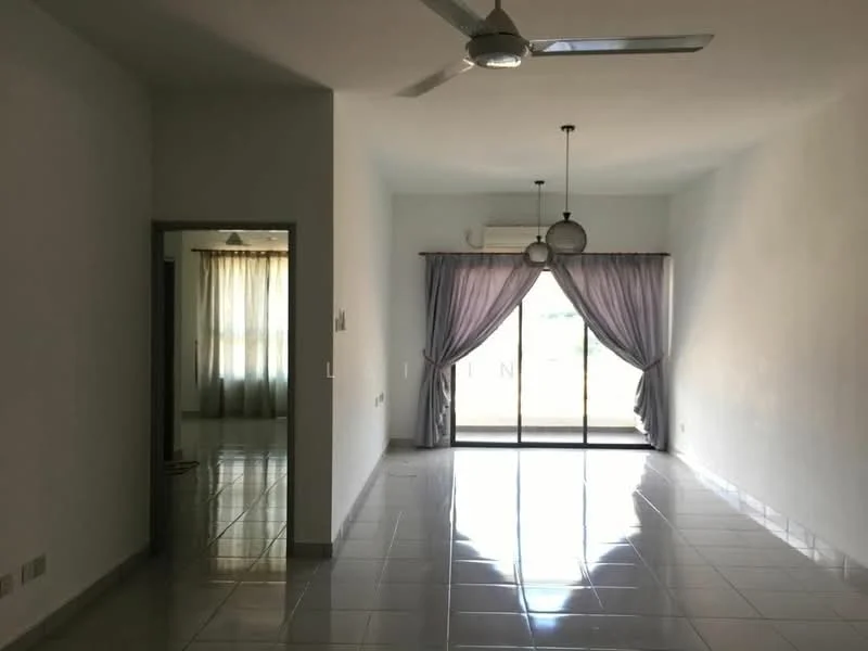 Living features: white painted walls, glossy ceramic tile flooring, 5-blade ceiling fan with light, recessed downlights, sliding glass door, floor-to-ceiling windows, sheer curtains, curtains in grey, light fixture with multiple bulbs; style: modern; view: garden. Room features: white painted walls, glossy ceramic tile flooring, 5-blade ceiling fan with light, recessed downlights, curtains in grey.