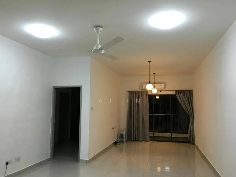 Living features: white painted walls, glossy ceramic tile flooring, 5-blade ceiling fan, recessed LED downlights, hanging pendant lights, sliding glass door, curtains, balcony view; style: modern; view: city.