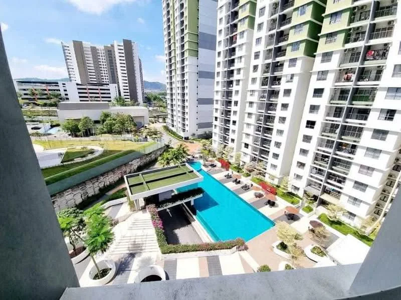 Exterior type: high-rise condominium; features: infinity pool, pool deck with loungers, landscaped garden, manicured lawn, children's playground, surrounded by mature greenery, multiple high-rise buildings, parking deck visible, outdoor dining area; style: modern.
