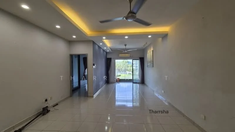 Living features: white painted walls, grey accent wall, polished ceramic tile flooring, recessed LED downlights, 5-blade ceiling fan, sliding glass door, floor-to-ceiling windows, natural light from windows, open layout, crown moulding, neutral color palette; style: modern; view: garden.
