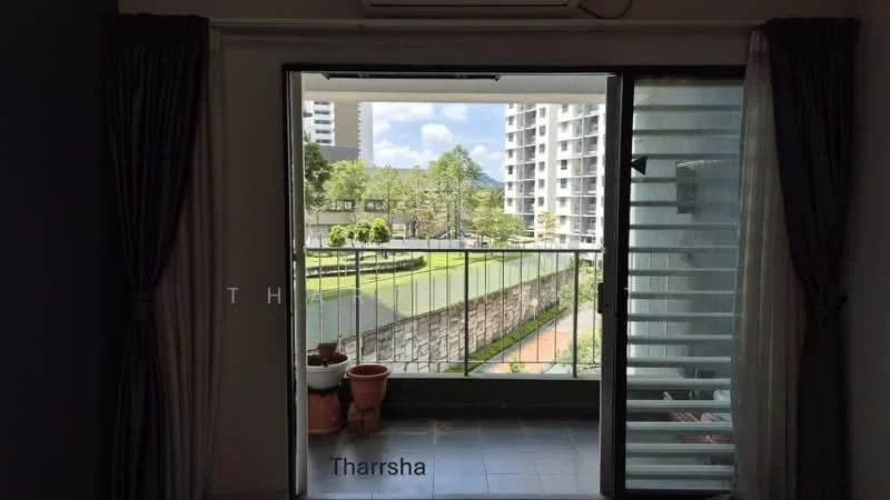 Room features: sliding glass door, floor-to-ceiling windows, curtains, tile flooring, balcony with railing, potted plants, view of landscaped garden, view of nearby buildings; view: garden.