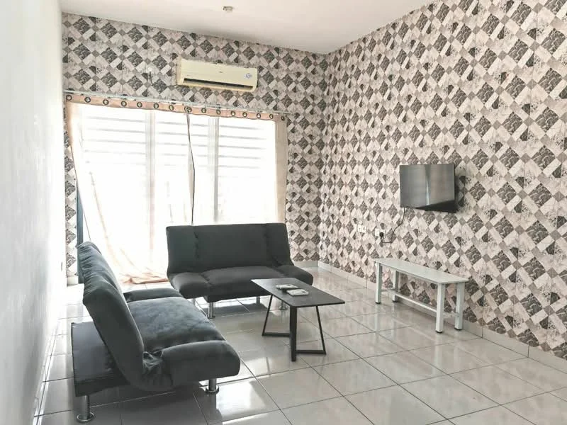 Living features: grey fabric sectional sofa, black coffee table, wall-mounted TV, white TV console, air conditioning unit, white tiled flooring, decorative wallpaper with geometric pattern, curtains on sliding glass door; style: modern.
