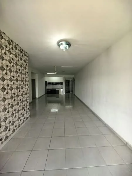 Room features: white painted walls, grey tiled flooring, ceiling light fixture, open layout, decorative feature wall with geometric pattern, large open space, no visible furniture, neutral color scheme; style: modern.