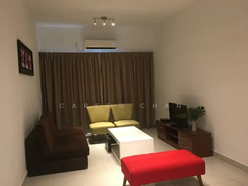Living features: brown fabric sofa, yellow fabric armchair, white coffee table, TV console, wall-mounted TV, curtains in beige, recessed ceiling lights, air conditioning unit, ceramic tile flooring, decorative plant in ceramic pot, framed artwork on wall; style: modern.