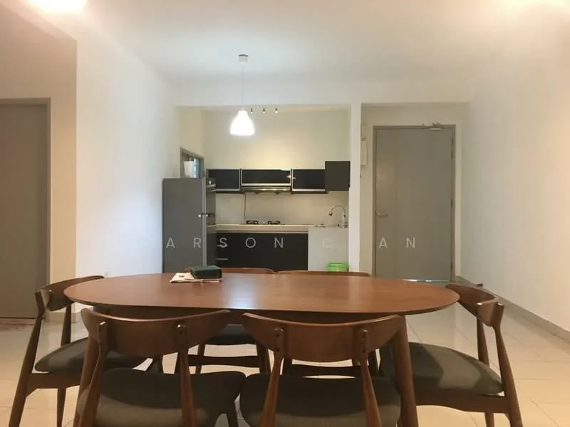 Dining features: wooden dining table, 6 upholstered dining chairs, pendant light fixture, white painted walls, tile flooring, open layout to kitchen, window with natural light; style: modern. Kitchen features: stainless-steel fridge, built-in oven, 4-burner gas hob, black cabinetry, white countertop, sink, tile backsplash, open layout to dining area; style: modern.